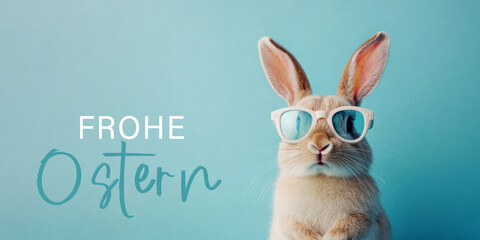 Obraz premium Frohe Ostern Konzept Feiertag Grußkarte mit deutschem Text - Süßer Osterhase, Kaninchen mit Sonnenbrille, isoliert auf blauem Hintergrund..