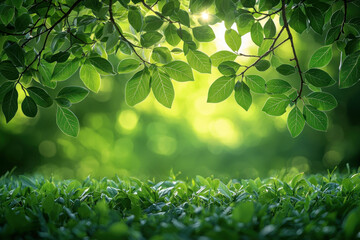 Obraz premium Sunlit leaves frame lush green foliage, ideal for nature backgrounds