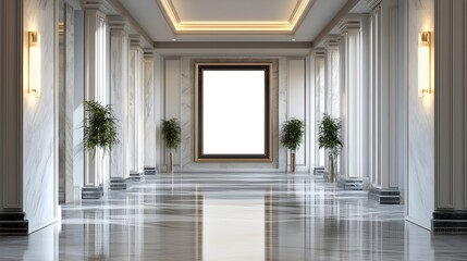 A symmetrical hallway with dramatic lighting, marble floors, and an oversized blank frame.