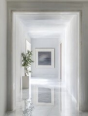A symmetrical hallway with floor-to-ceiling marble and an oversized white frame.