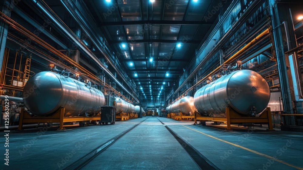 Poster a wide-angle shot of large industrial compressed gas tanks neatly arranged in a factory setting, ill