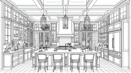 Elegant Kitchen Design Architectural Sketch Showing Island and Cabinets