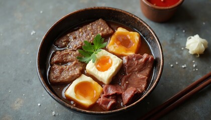 Artisanal Asian Cuisine Aromatic Broth with Tofu and Braised Meat