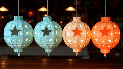 Festive paper lanterns illuminate a rustic setting. Ideal for holiday decor