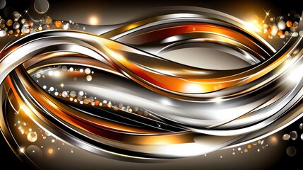 Dynamic Abstract Waves Design with Shiny Silver and Gold Elements on a Dark Background