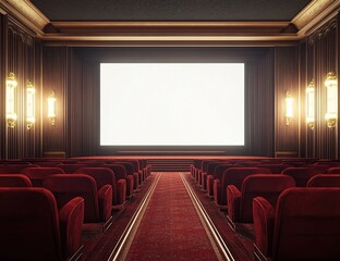Fototapeta premium Classic Cinema Theater: Experience the Grandeur of Red Velvet Seats, a Large Screen, and Elegant Wooden Walls. Movie Magic Awaits!