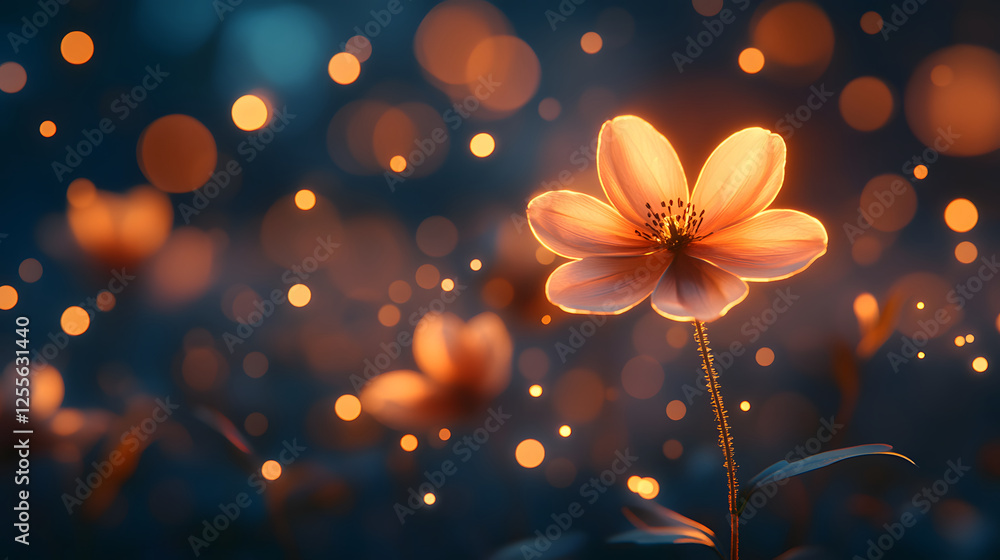 Poster A glowing flower amidst a dreamy background of soft bokeh lights, creating a magical and serene atmosphere