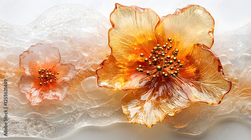 Poster delicate, translucent flowers with golden accents, elegantly displayed on a soft, textured backgroun