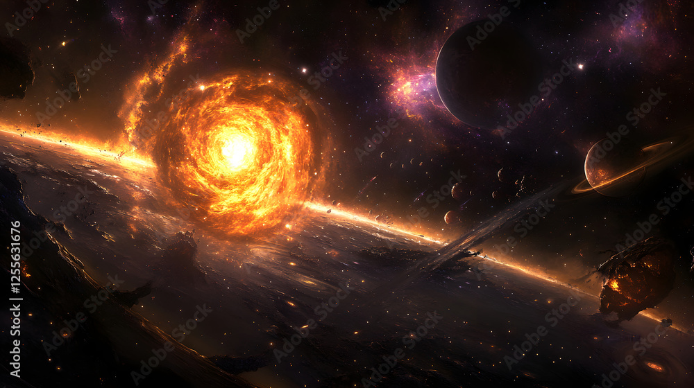 Poster digital art of a space scene featuring planets a star and a colorful nebula in the background