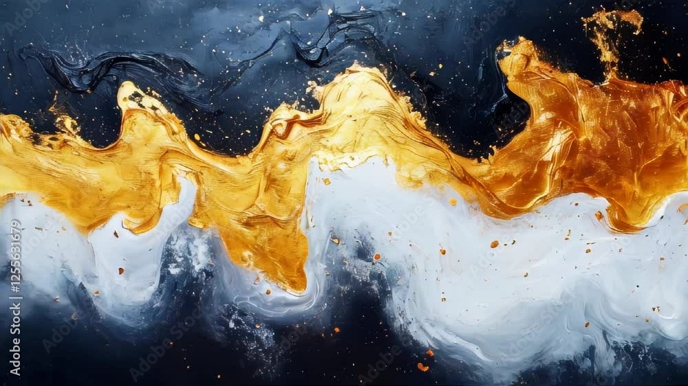 Poster abstract artistic image with fluid golden and black waves resembling paint flowing in a dynamic comp