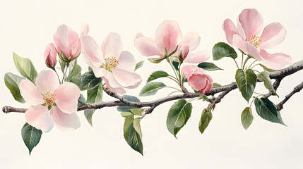 Fototapeta premium A delicate branch of pink flowers with green leaves, showcasing the beauty of nature in a soft, artistic style