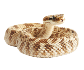 A close-up of a beige and brown coiled rattlesnake showcasing its distinct scales and head features. Isolated on transparent white background, png