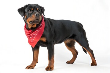 Obraz premium rottweiler dog wearing red bandana isolated on white