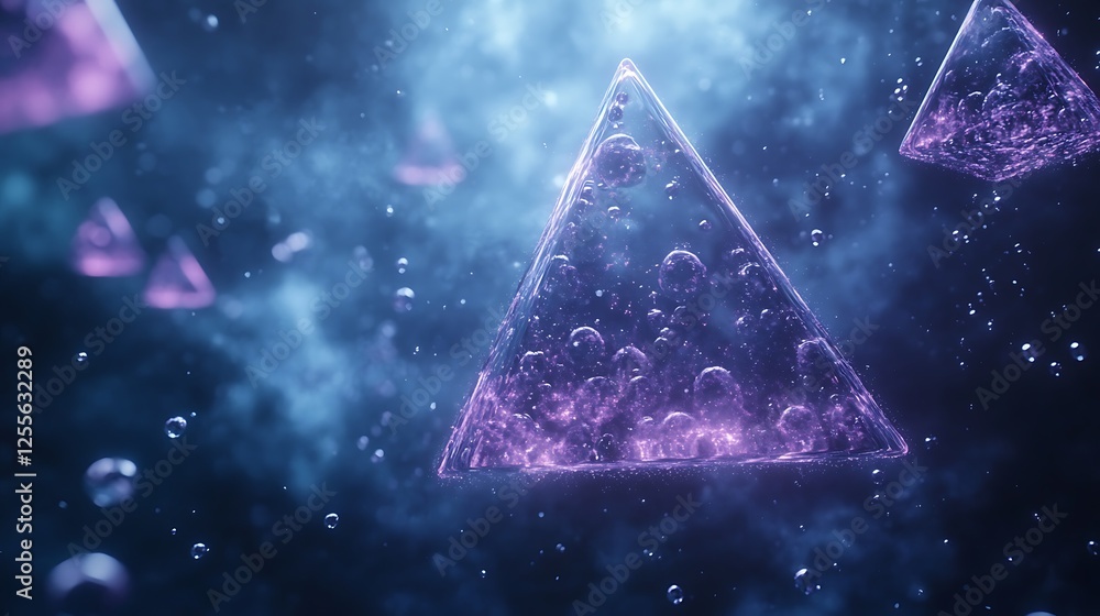 Leinwandbilder Floating purple triangles in a misty blue atmosphere with bubbles creating an ethereal effect.