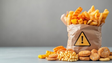 Bag filled with various ultra-processed snacks and colorful packaging close-up