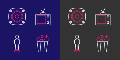 Set line Popcorn in cardboard box, Movie trophy, Retro tv and Stereo speaker icon. Vector