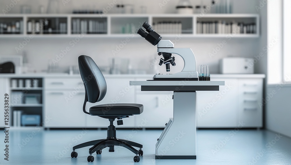Aufkleber microscope sits on lab table with chair, ready for scientific exploration and discovery in a modern 