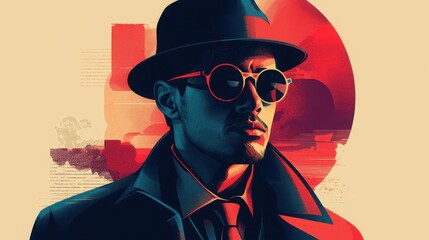 Mysterious figure in fedora and round glasses, casting a watchful gaze under the shadows with a vintage aesthetic and dramatic lighting.