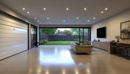 Fototapeta premium Modern Home Design: Open Plan Living with Garage Conversion and Backyard View
