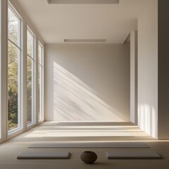 Minimalist yoga studio with natural light and wooden floor