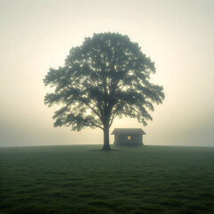 Solitary Tree and Cabin in Foggy Field