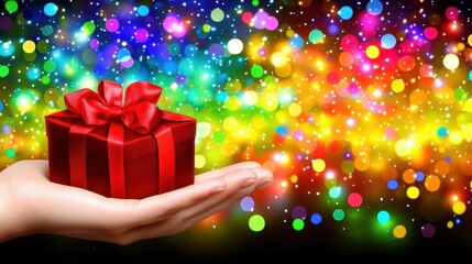 Hand Holding a Red Gift Box with a Bow Against a Colorful Bokeh Background of Celebration Lights