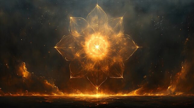 A thin-line mandala resembling a compass, glowing softly in warm gray.