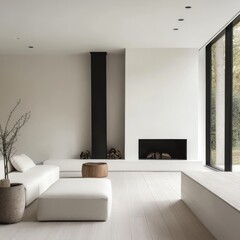 Fototapeta premium Minimalist living room with white sofa, wooden coffee table, and fireplace
