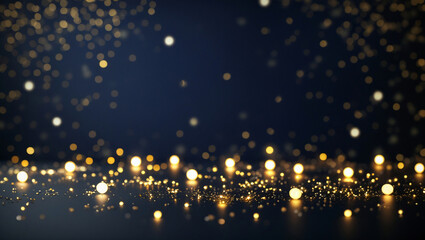 Naklejka premium Abstract dark blue and gold particle background with Christmas golden light bokeh, festive holiday concept