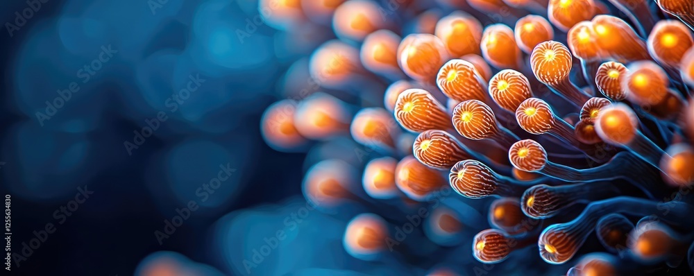 Poster coral reefs microscopic concept. close-up view of vibrant orange coral polyps on a blue background i