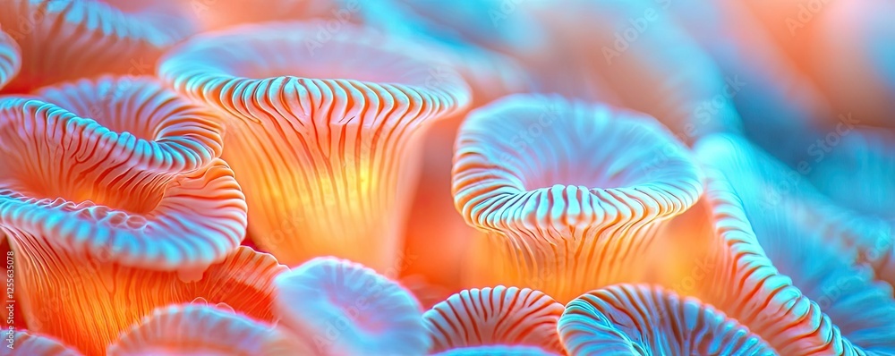 Poster microscopic ocean life idea. close-up of vibrant coral with vivid colors, showcasing intricate patte