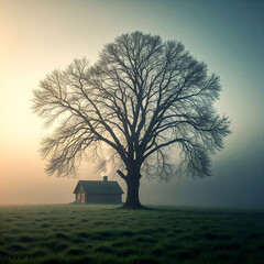 Solitary Tree and Cabin in Foggy Field