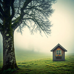 Solitary Tree and Cabin in Foggy Field
