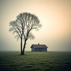 Solitary Tree and Cabin in Foggy Field