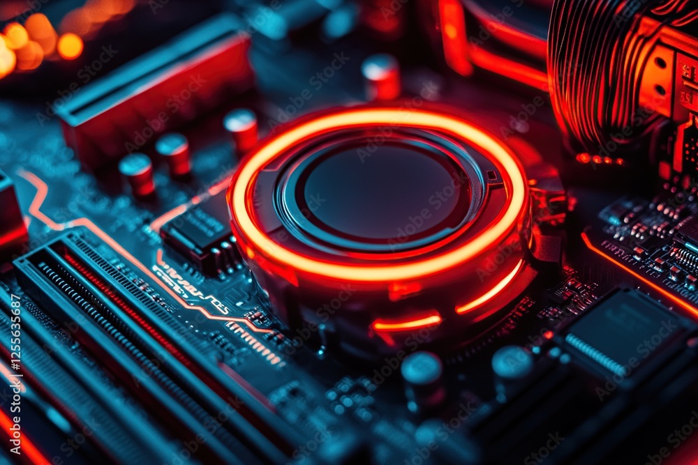 Aufkleber exploring the intricate circuits: a close-up view of computer motherboard's components with vibrant 
