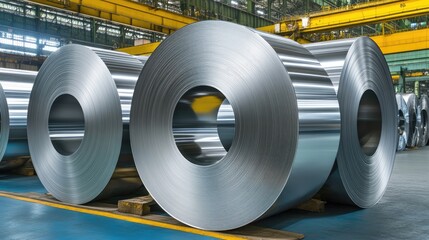 Cold rolled steel coil or stainless steel sheets at storage area in steel industry plant. in a warehouse.