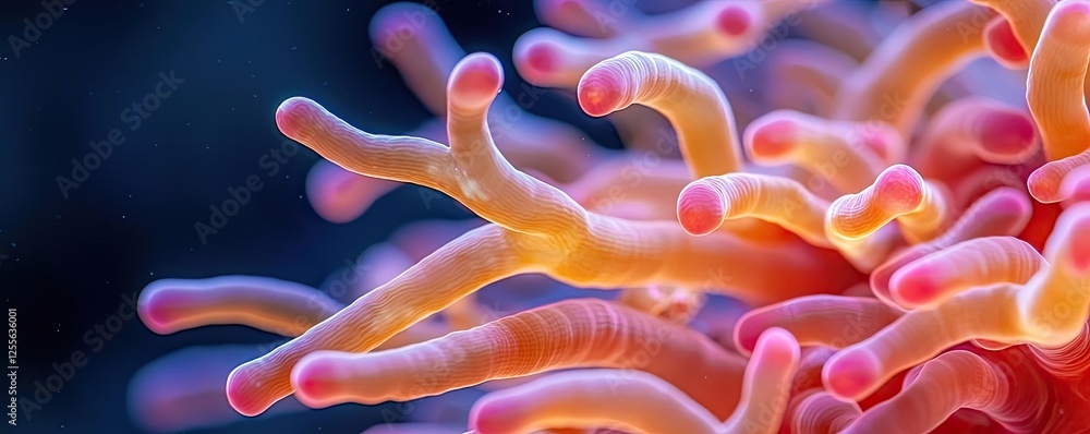Poster coral reefs microscopic concept. close-up view of colorful coral polyps in their vibrant underwater 