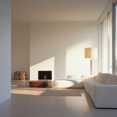Fototapeta premium Modern minimalist living room with white sofa and fireplace