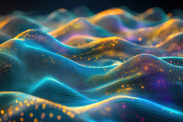 Fototapeta premium Abstract glowing blue and gold digital wave background for futuristic designs