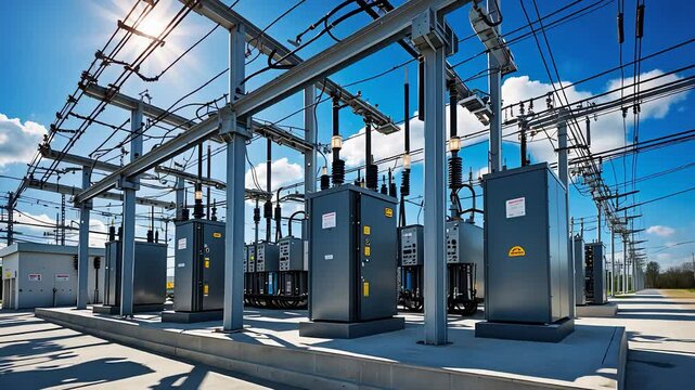 Electrical Power Substation with Transformers and High-Voltage Cables Under a Clear Blue Sky

