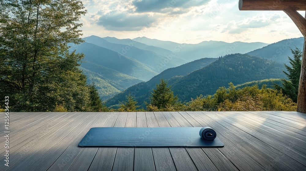 Poster a yoga mat placed on a deck with stunning mountain views in the distance, providing an ideal setting