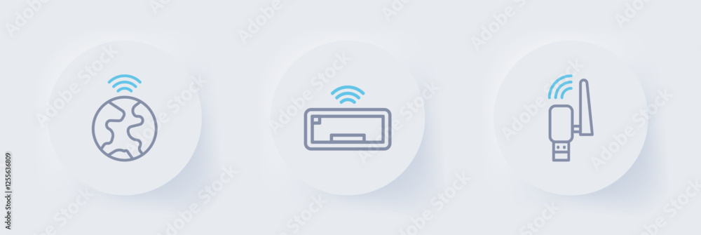 Aufkleber set line usb wireless adapter, computer keyboard and global technology icon. vector