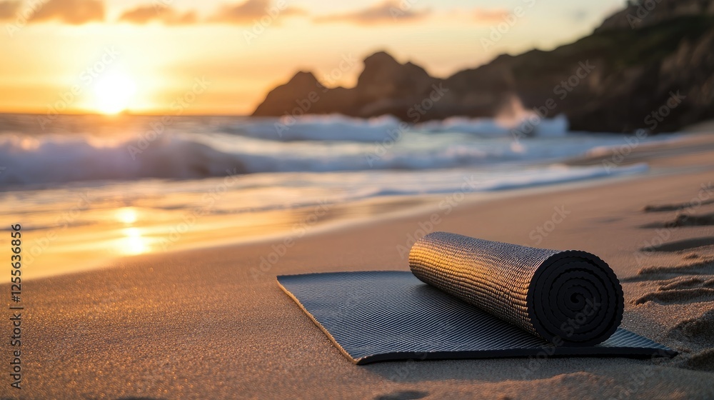 Poster a yoga mat placed on the soft sand of a beach, with ocean waves gently crashing in the background, c