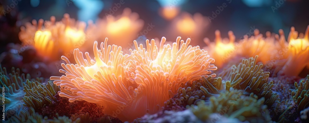 Poster coral reefs microscopic concept. vibrant underwater coral illuminated by soft light creating a magic