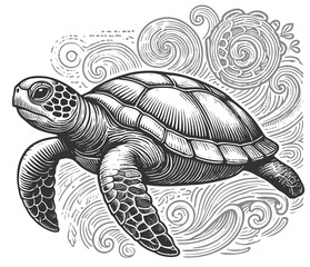 Fototapeta premium Tortoise Surrounded by Leaves and Flowers raster