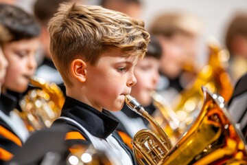 A pupil practicing a musical instrument in the school band