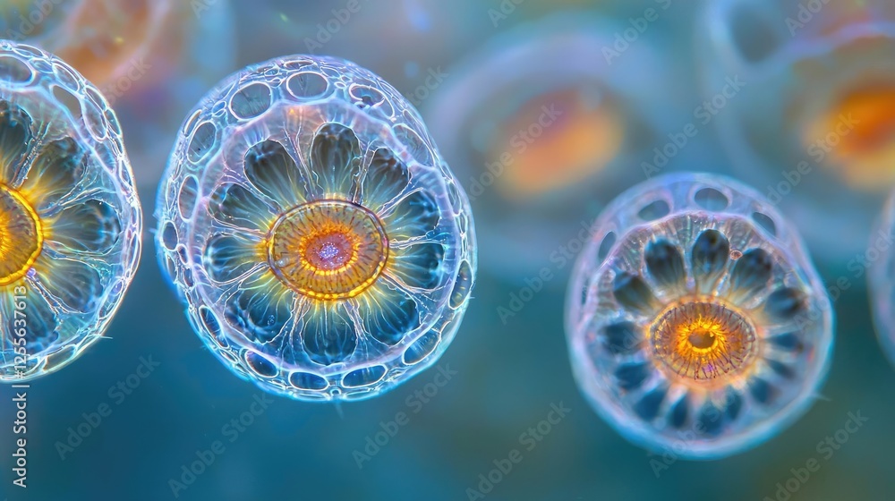 Poster Microscopic ocean life idea. Magnified view of microscopic organisms showcasing intricate cellular structures.