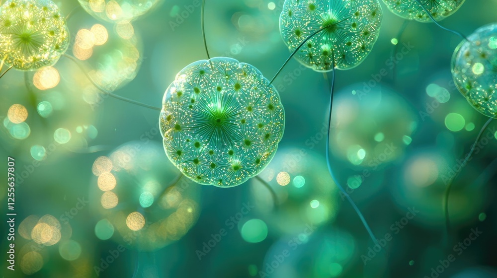 Aufkleber microscopic ocean life idea. close-up of vibrant microorganisms glowing in aquatic environment.