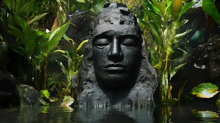 Obraz premium A towering humanoid figure carved from obsidian, partially submerged in an alien jungle.