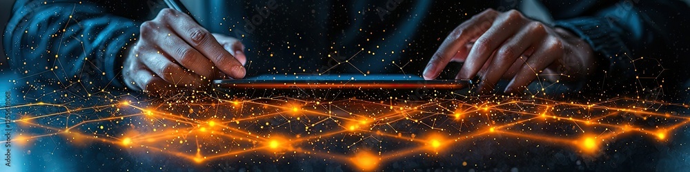 Poster hands using tablet device with glowing network connections